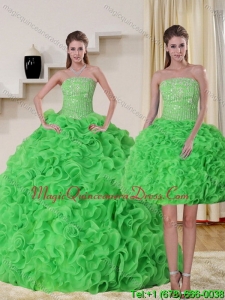 Fashionable Strapless Spring Green Quince Dress with Beading and Ruffles