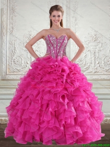 Fashionable Sweetheart Hot Pink 2015 Quinceanera Gown with Beading and Ruffles