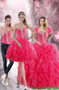 2015 Romantic Hot Pink Sweetheart Sweet 15 Dresses with Beading and Ruffles