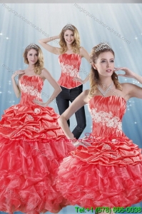 2015 Gorgeous Watermelon Red Quinceanera Dresses with Appliques and Pick Ups