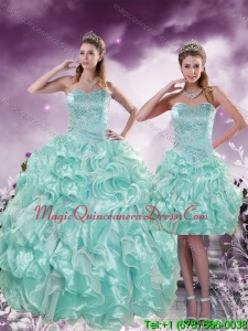 2015 Modern Beading and Ruffles Aqual Blue Quince Dresses