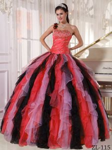 Desirable One Shoulder Multi-color Quince Dresses with Beads and Ruffles