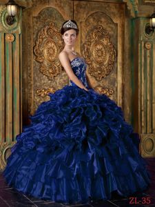 Appliqued and Ruffled Strapless Floor-length Dress for Quinceanera in Dark Blue