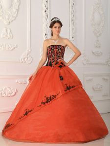 Rust Red Ball Gown Strapless Floor-length Sweet Sixteen Dresses with Appliques