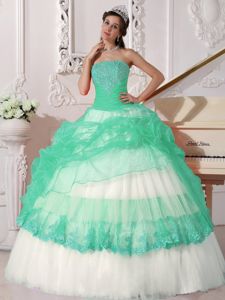 Apple Green and White Taffeta and Organza Appliqued Quinceanera Dress in York