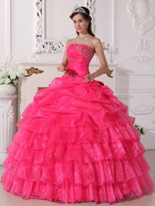 Hot Pink Strapless Organza Quinceanera Dress with Appliques in Grants Pass OR