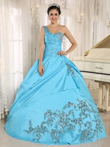 Beaded One Shoulder Quinceanera Dresses with Appliques in Baby Blue