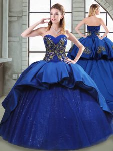 New Style Blue Quinceanera Dress Taffeta Court Train Sleeveless Beading and Appliques and Embroidery
