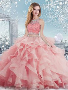 Baby Pink Satin Clasp Handle Sweet 16 Dress Sleeveless Floor Length Beading and Ruffles