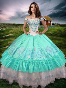 Aqua Blue Ball Gowns Off The Shoulder Sleeveless Taffeta Floor Length Lace Up Beading and Embroidery and Ruffled Layers 15th Birthday Dress
