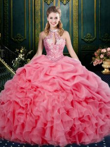 Beading and Ruffles and Pick Ups Vestidos de Quinceanera Watermelon Red Lace Up Sleeveless Floor Length