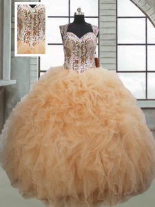 Champagne Vestidos de Quinceanera Military Ball and Sweet 16 and Quinceanera with Beading and Ruffles Sweetheart Sleeveless Lace Up