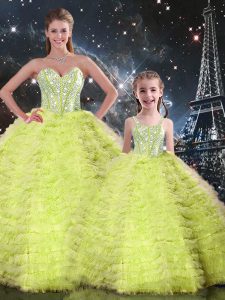 Chic Sweetheart Sleeveless Quinceanera Dresses Floor Length Beading and Ruffles Yellow Green Tulle