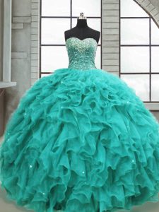 Turquoise Organza Lace Up Sweetheart Sleeveless Floor Length Sweet 16 Dresses Beading and Ruffles