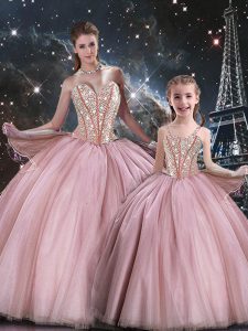 Traditional Pink Sleeveless Tulle Lace Up Quinceanera Dresses for Military Ball and Sweet 16 and Quinceanera