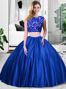 Royal Blue Two Pieces Lace and Ruching 15 Quinceanera Dress Zipper Taffeta Sleeveless Floor Length