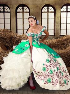 Elegant Multi-color Ball Gowns Taffeta Off The Shoulder Sleeveless Embroidery and Ruffled Layers Floor Length Lace Up Quinceanera Dress