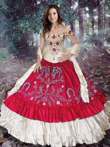 Custom Fit Red Ball Gowns Taffeta Off The Shoulder Sleeveless Embroidery and Ruffled Layers Floor Length Lace Up 15 Quinceanera Dress