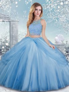 Baby Blue Sleeveless Tulle Clasp Handle Quinceanera Dresses for Military Ball and Sweet 16 and Quinceanera