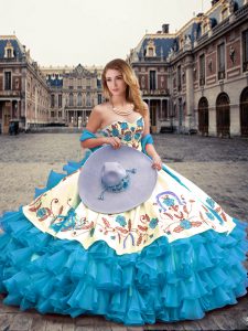 Stylish Floor Length Lace Up Sweet 16 Quinceanera Dress Aqua Blue for Military Ball and Sweet 16 and Quinceanera with Embroidery and Ruffled Layers