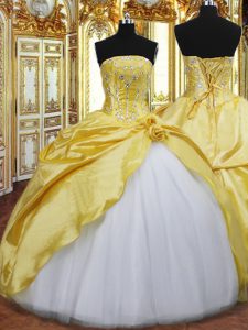 Gold Ball Gowns Beading and Hand Made Flower 15th Birthday Dress Lace Up Taffeta Sleeveless Floor Length