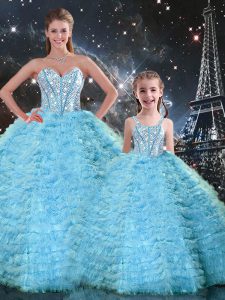 Wonderful Light Blue Ball Gowns Beading and Ruffles Vestidos de Quinceanera Lace Up Tulle Sleeveless Floor Length
