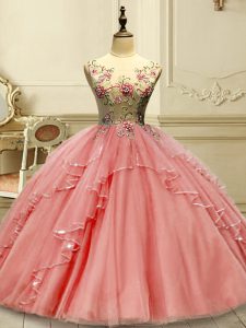 Flare Watermelon Red Lace Up Quince Ball Gowns Appliques Sleeveless Floor Length