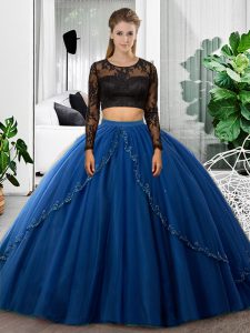 Top Selling Blue Quinceanera Gown Military Ball and Sweet 16 and Quinceanera with Lace and Ruching Scoop Long Sleeves Backless