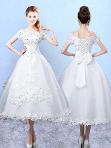 Scoop Short Sleeves Tulle Court Dresses for Sweet 16 Beading and Lace and Bowknot Lace Up