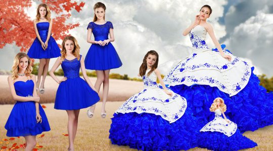 Pretty Sleeveless Embroidery and Ruffles Lace Up 15th Birthday Dress with Royal Blue Brush Train