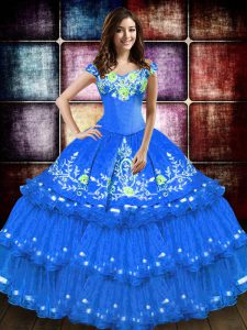 Hot Sale Blue Off The Shoulder Neckline Embroidery and Ruffled Layers Ball Gown Prom Dress Sleeveless Lace Up
