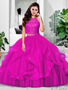 Great Tulle Halter Top Sleeveless Zipper Lace and Ruffles Quince Ball Gowns in Fuchsia
