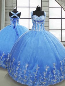 Floor Length Baby Blue Sweet 16 Quinceanera Dress Tulle Sleeveless Beading and Appliques