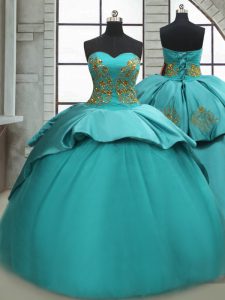 Dramatic Satin Sweetheart Sleeveless Sweep Train Lace Up Beading and Appliques Quince Ball Gowns in Turquoise