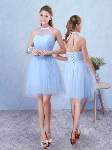 Fitting Blue Sleeveless Tulle Lace Up Quinceanera Court of Honor Dress for Prom and Party