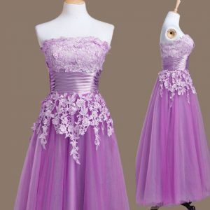 Adorable Appliques Damas Dress Purple Lace Up Sleeveless Tea Length