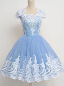 Glamorous Knee Length Zipper Quinceanera Court Dresses Light Blue for Prom and Party and Wedding Party with Lace