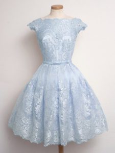Light Blue Lace Up Dama Dress for Quinceanera Lace Cap Sleeves Knee Length