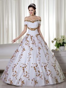 White Short Sleeves Embroidery Floor Length Quinceanera Dresses