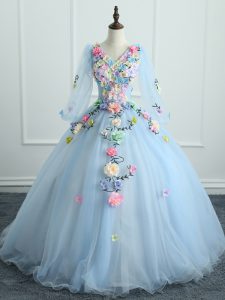 Floor Length Lace Up Ball Gown Prom Dress Light Blue for Military Ball and Sweet 16 and Quinceanera with Appliques and Hand Made Flower