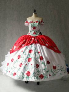 Floor Length White And Red Sweet 16 Quinceanera Dress Off The Shoulder Cap Sleeves Lace Up