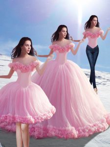 Sleeveless Tulle Brush Train Lace Up Quince Ball Gowns in Baby Pink with Hand Made Flower