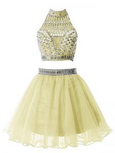 Enchanting Yellow Zipper High-neck Beading Quinceanera Court of Honor Dress Organza Sleeveless