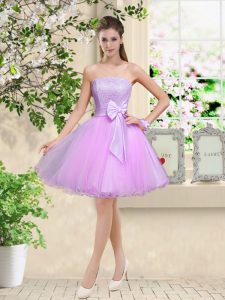 Lilac Sleeveless Knee Length Lace and Belt Lace Up Quinceanera Dama Dress