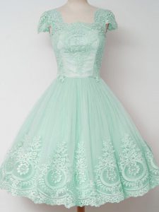 Apple Green A-line Tulle Square Cap Sleeves Lace Knee Length Zipper Quinceanera Dama Dress