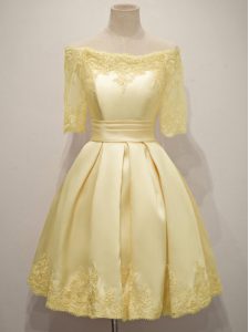 Wonderful Yellow Half Sleeves Lace Knee Length Quinceanera Court of Honor Dress
