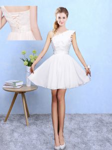 White A-line Appliques Dama Dress for Quinceanera Lace Up Chiffon Sleeveless Knee Length