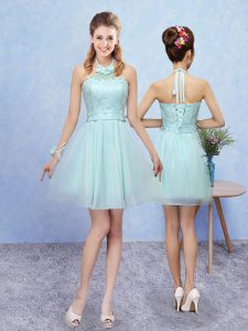 Customized Aqua Blue Tulle Lace Up Halter Top Sleeveless Mini Length Quinceanera Court Dresses Lace