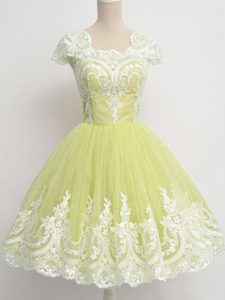 Exceptional A-line Quinceanera Court of Honor Dress Yellow Green Square Tulle Cap Sleeves Knee Length Zipper