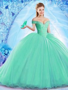 Dazzling Turquoise Organza Lace Up Off The Shoulder Sleeveless Sweet 16 Dress Brush Train Beading